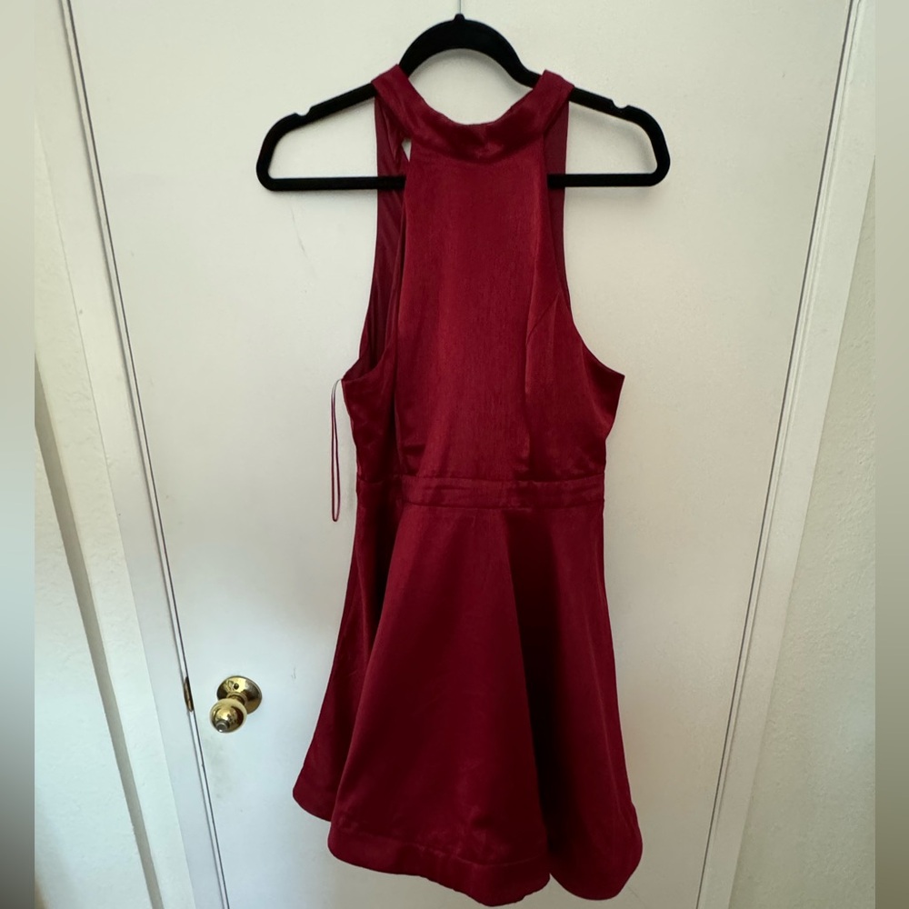 Red satin stiff hem halter dress
